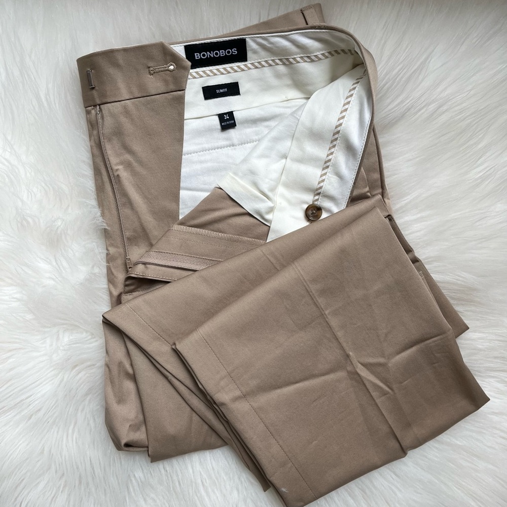 New Bonobos Men’s Dress Pants Stretch Cotton Slim 34 Unhemmed Tan Khaki